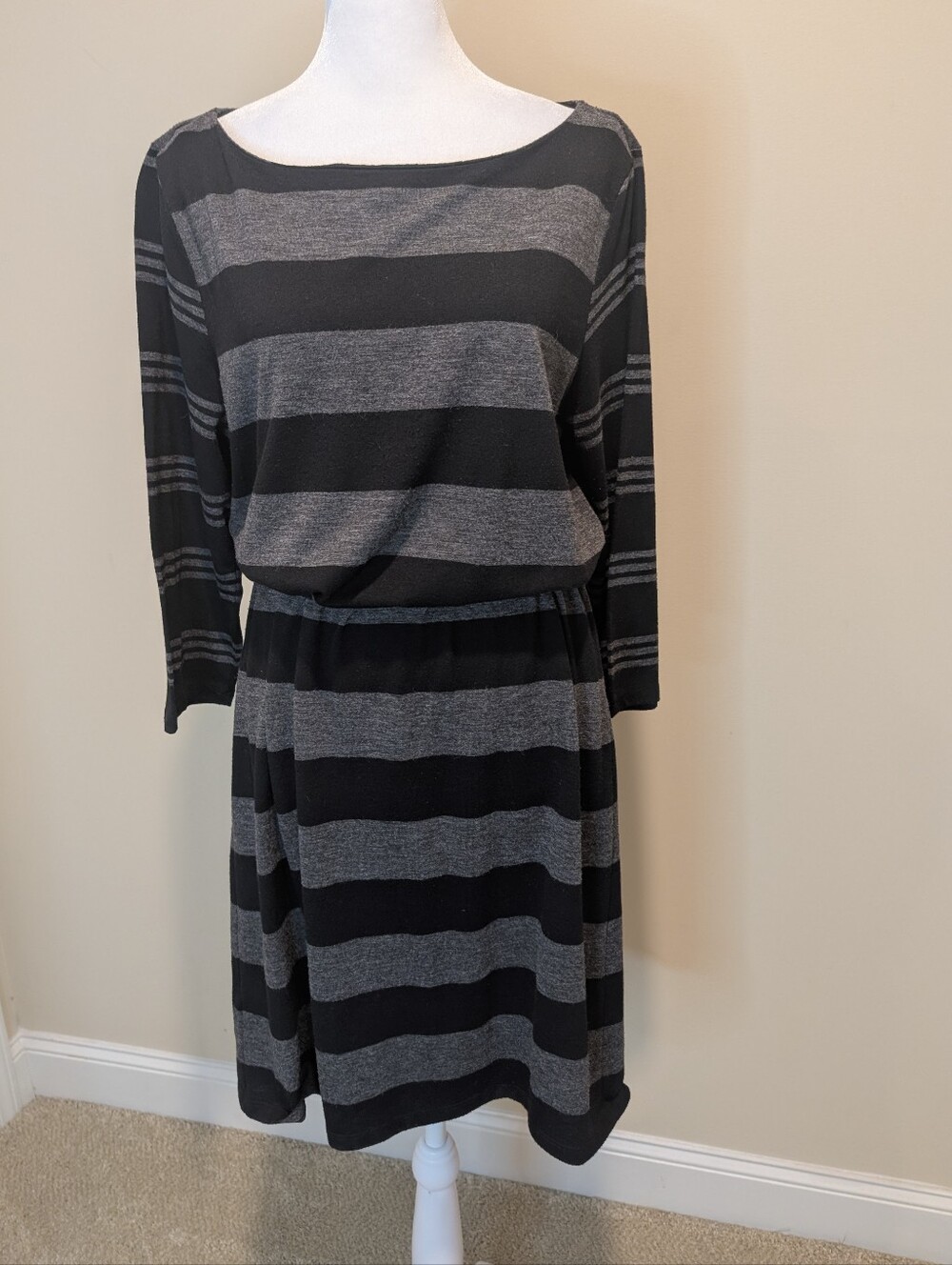 LOFT Black and Gray Striped Long Sleeve Dress